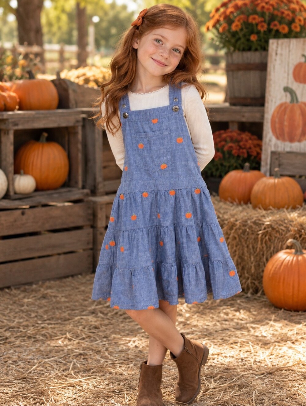 Gymboree Girls Size 7 Chambray Pumpkin Overall Dress Fall Tiered Pinafore